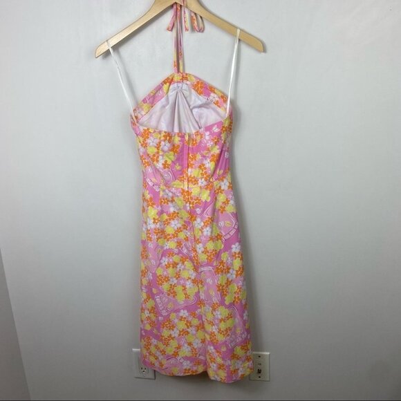 Lilly Pulitzer Pink‎ White Yellow Floral Midi Halter Dress Size 0 Cotton Barbie - Picture 11 of 11